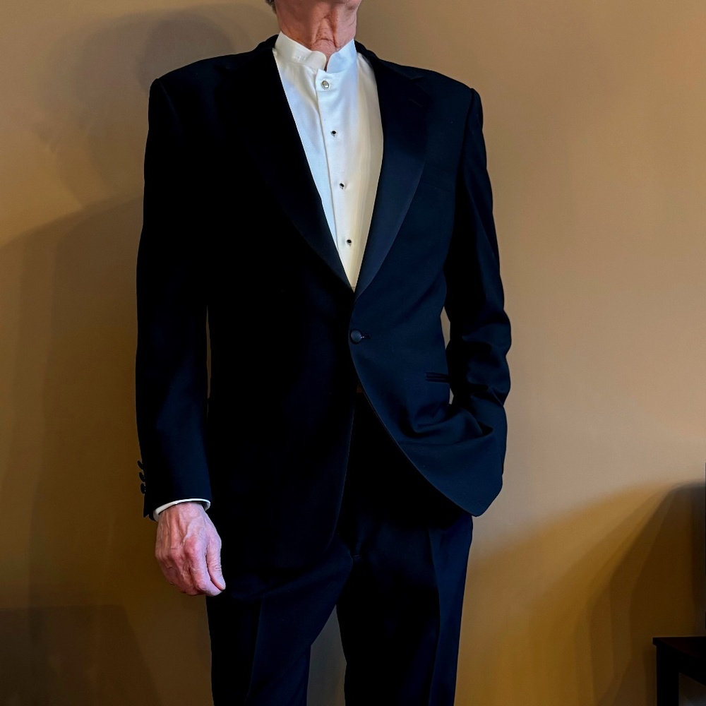 bill blass Black Satin-Lapel Tuxedo Jacket with Matching Trousers